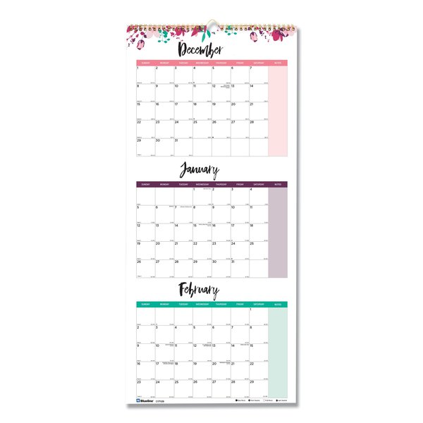Blueline 3-Month Wall Calendar, 12 1/4 x 27, Floral, 2020 C171129